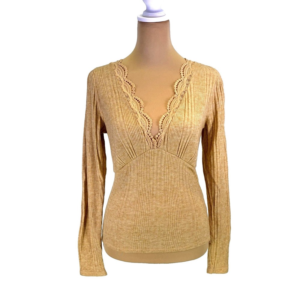 Willow +‎ Root Mustard Yellow Ribbed Lace Trim V-Neck Long Sleeve Top Small
